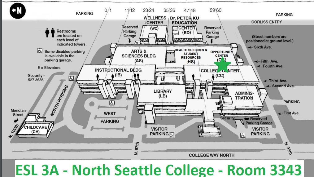 Campus map of North Seattle College with a green star on room 3343