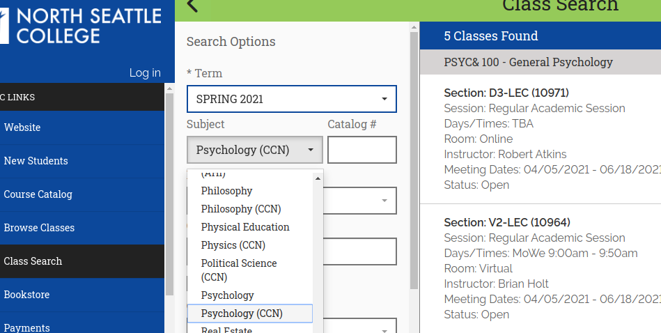 screen capture of searching for psych classes